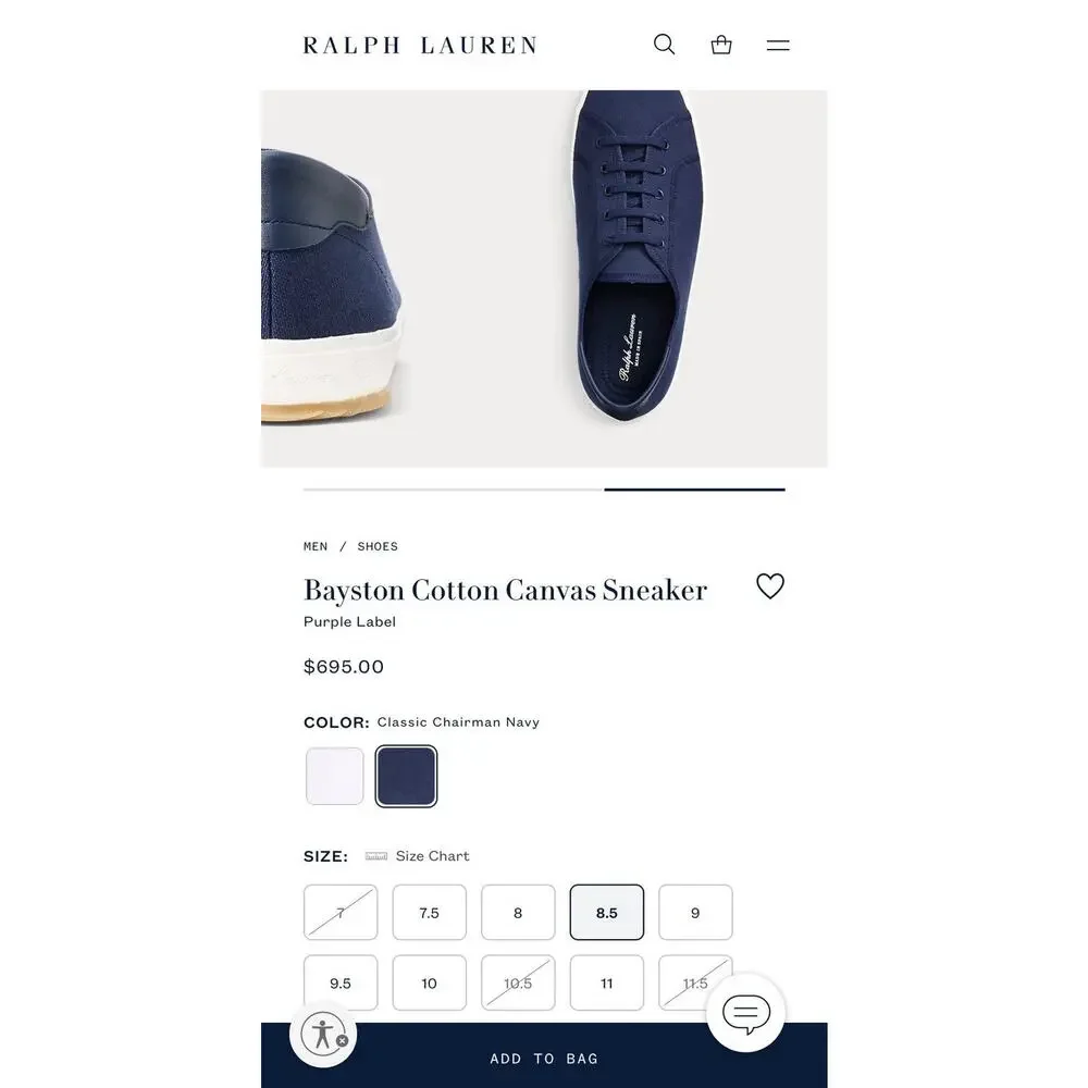 Ralph Lauren Bayston Cotton Men's Canvas Sneaker - Navy - Size 8 D